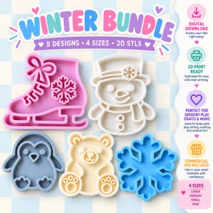 Può includere: Un pacchetto di download digitale con cinque stampini per biscotti a tema invernale in rosa, bianco, blu e crema. I disegni includono un pattino da ghiaccio, un pupazzo di neve, un pinguino, un orso e un fiocco di neve. Testo: WINTER BUNDLE, 5 DESIGNS, 4 SIZES, 20 STLS.