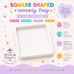 Op de afbeelding: Een wit vierkant sensorisch dienblad met afgeronde hoeken. De afbeelding bevat de tekst: SQUARE SHAPED sensory tray, 4 STL FILE SIZES, LARGE, MEDIUM, SMALL, MICRO, DIGITAL DOWNLOAD, 3D PRINT READY en Made & Playful CO. met diverse iconen.