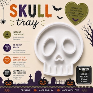 Op de afbeelding: Een wit schedelvormig dienblad met twee ovale oogkassen, een hartvormige neus en vier verticale tanden. De afbeelding bevat de tekst: SKULL tray, 4 SIZES LARGE MEDIUM SMALL & MINI, INSTANT DOWNLOAD, 3D PRINT READY, SENSORY PLAY en COMMERCIAL USE INCLUDED.