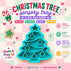 May include: A teal Christmas tree sensory tray with a star topper and hanging ornament outlines. The graphic includes the text CHRISTMAS TREE sensory tray, 4 STL FILE SIZES, LARGE, MEDIUM, SMALL, MICRO, and Made & Playful CO. with icons.