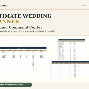 Peut inclure: Un planificateur de mariage numérique intitulé Ultimate Wedding Planner et Wedding Command Center par Nuvellora Design. Il comprend 18 onglets de planification, un classeur Excel, ainsi que des aperçus du budget, de la liste d'invités et du suivi RSVP.