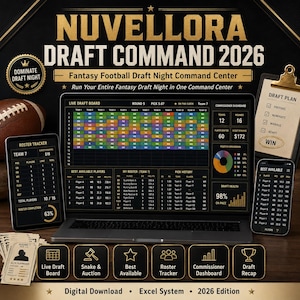 May include: A digital fantasy football draft command center titled Nuvellora Draft Command 2026, displayed on a laptop screen with a live draft board, roster tracker, and commissioner dashboard, accompanied by a clipboard and mobile device.