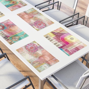 Colorful Abstract Wall Art Print Placemat Set – Vinyl Placemats with Matching Coasters, Inspired by Old Town Chania, Crete