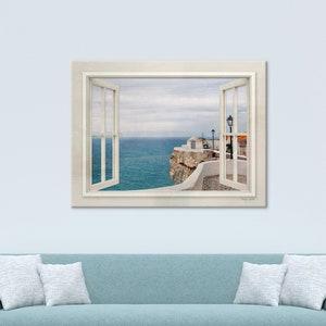Seascape window view printed on canvas, Large Giclée framed photography print, Blue wall décor, Mediterranean wall art print