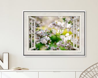 Blossom Almond Tree Window View Printed On Canvas, White Flower Wall Art Print, Dorm room décor, Housewarming gift