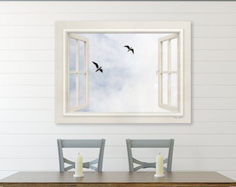 Light blue sky with flying seagulls photography printed on canvas, 3D Window view canvas art print, New home gift