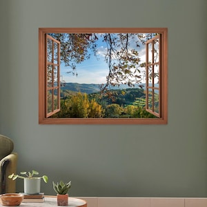 Faux Window Wall Art – Autumn Landscape Canvas with 3D Frame Color Options – Home Decor Gift