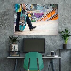 Skateboard photography art print on canvas, Teenage room décor, Large wall décor on canvas, Skater gift idea