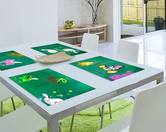 Placemats lavables para niños impresos con dibujos de arte callejero, Placemats de vinilo verde conjunto de 2-12, Placemats divertidos para niños