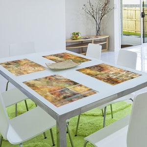 Rustic brown placemats set of 2-12 printed on vinyl material, Abstract gold placemats, Wipeable table mats, Boho style table décor