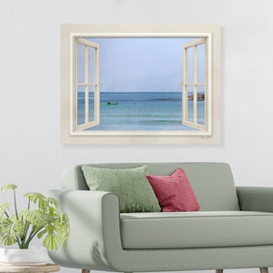 Mediterranean Serenity Window, Seascape Nautical Canvas Art, Beach Theme Window Wall Hanging