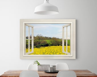 Yellow mustard fields, Window view wall art, Canvas wall hanging, Large country wall art, Tuscany landscape print, Window frame wall décor