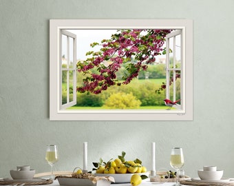 Tuscan Serenity - Faux Window View with Pink Blossoming Branches and Scarlet Bird