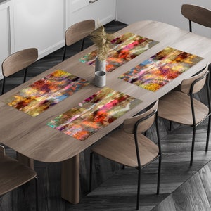 Colorful abstract placemats printed on vinyl fabric, Set of 2-12 table mats, Rainbow color table décor, Christmas gifts