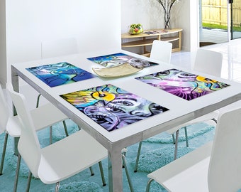 Blue and Purple Street Art Vinyl Placemats Set of 2-12, Unique Table Mats for Kitchen Table, Washable Graffiti Placemats, Young Couple Gift