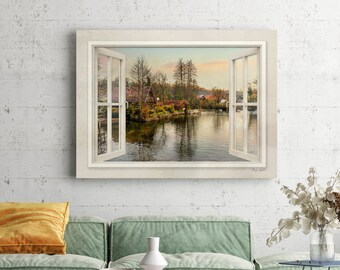 Autumn scenery photograph of Slunj town in Croatia, 3D open window printed on canvas, Large landscape photography canvas print