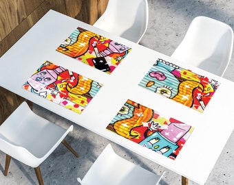 Set of 2-12 Street Art Vinyl Placemats, Kids Cool Graffiti Table Mats,  Colorful Vinyl Printed Placemats, Dorm Room Table Mats 