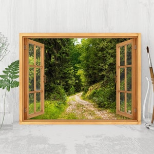 Wall Art Decor Gift, Forest Landscape Print, 3D Window Frame On Canvas, Ready to Hang Wall Decor, Housewarming Gift