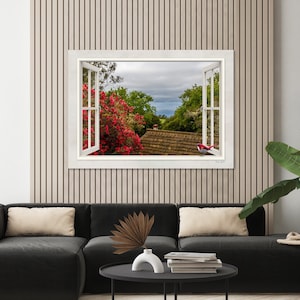 Red Blossom Tree Canvas Print: Window View Landscape Wall Art