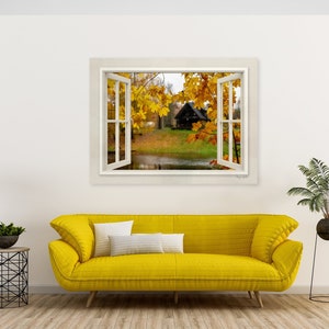 Large 3D Window Scene Print, Framed Rustic Home Decor, Autumn Landscape Wall Art