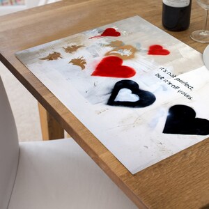Red and Black Hearts Vinyl Placemats Set 2-12, Washable Table Mats, First Anniversary Gift