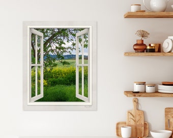 Spring Blossom Window View, Green Landscape picture canvas print, Wedding gift