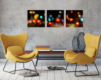 Abstract Urban Raindrops: Colorful Bokeh Triptych Wall Art - Vibrant Cityscape Series