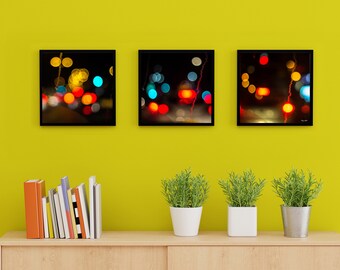 Abstract Urban Raindrops: Colorful Bokeh Triptych Wall Art - Vibrant Cityscape Series