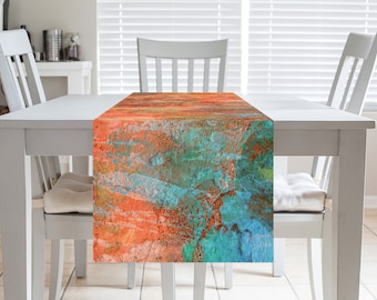 Orange and turquoise abstract print table runner, vinyl material table runner, Long dinning table runner, Coffee table runner