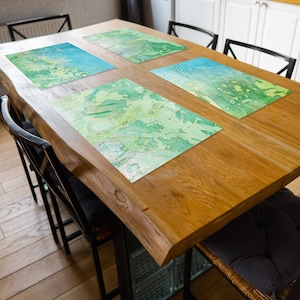 Set of 2-12 placemats printed on vinyl material  with rustic turquoise and lime green color, Teal color table mats, Artistic table décor