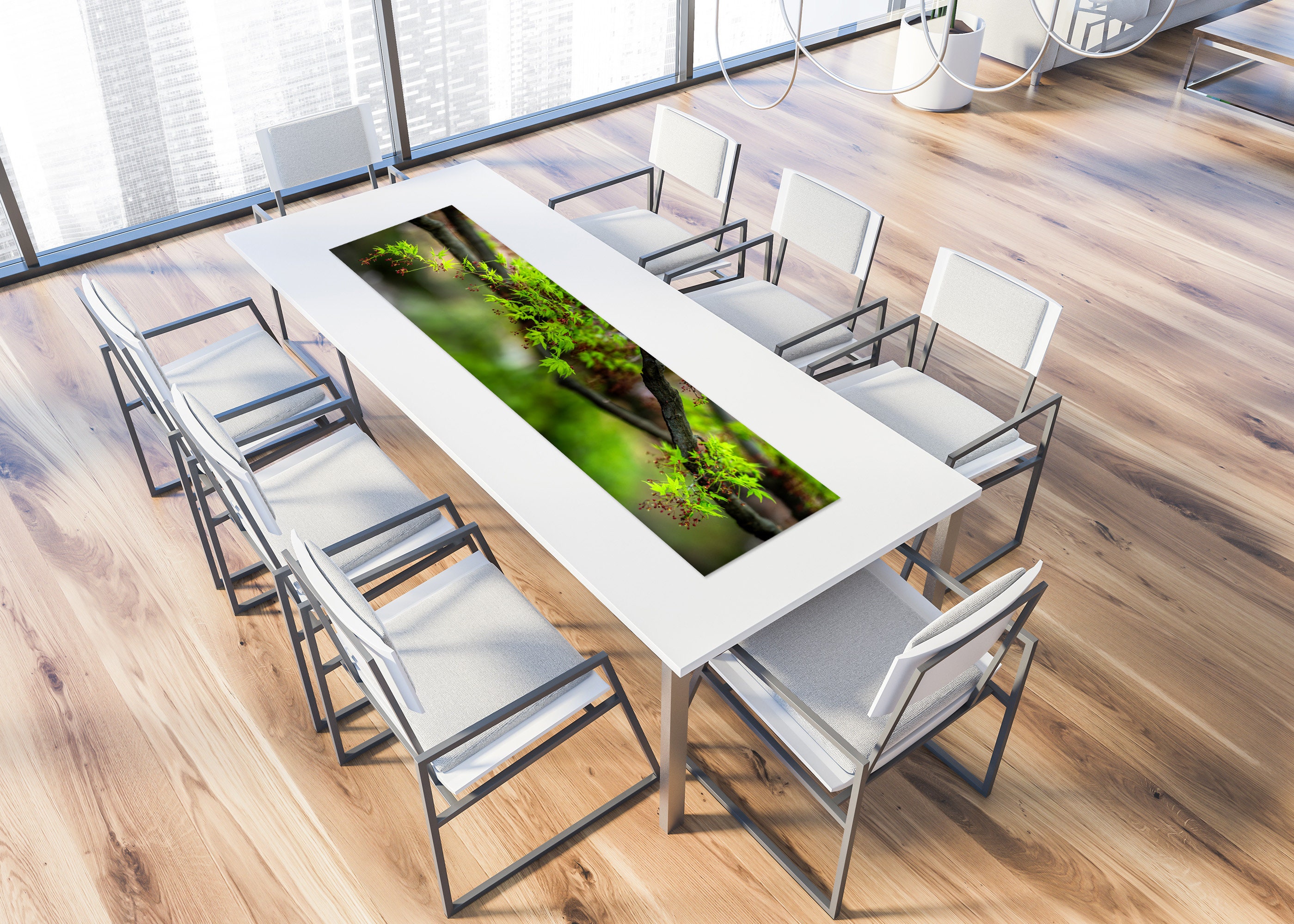Green table runner with Japanese nature printed on vinyl material, Green leaves table decor, Holiday table styling
