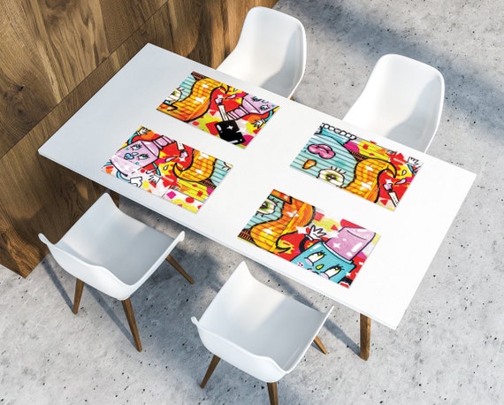 Set of 2-12 Street Art Vinyl Placemats, Kids Cool Graffiti Table Mats,  Colorful Vinyl Printed Placemats, Dorm Room Table Mats 