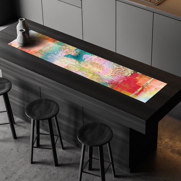 Chemin de table couleur arc-en-ciel imprimé sur du vinyle, décoration de table colorée, décoration de cuisine, cadeau pour une nouvelle maison