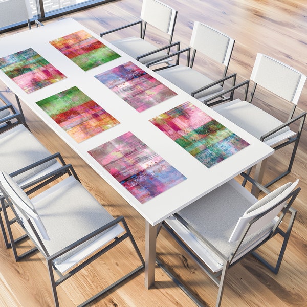 Rainbow color table mats set of 2-12, Vinyl fabric placemats, Colorful abstract art placemats, Rectangle table mat sets, Housewarming gift