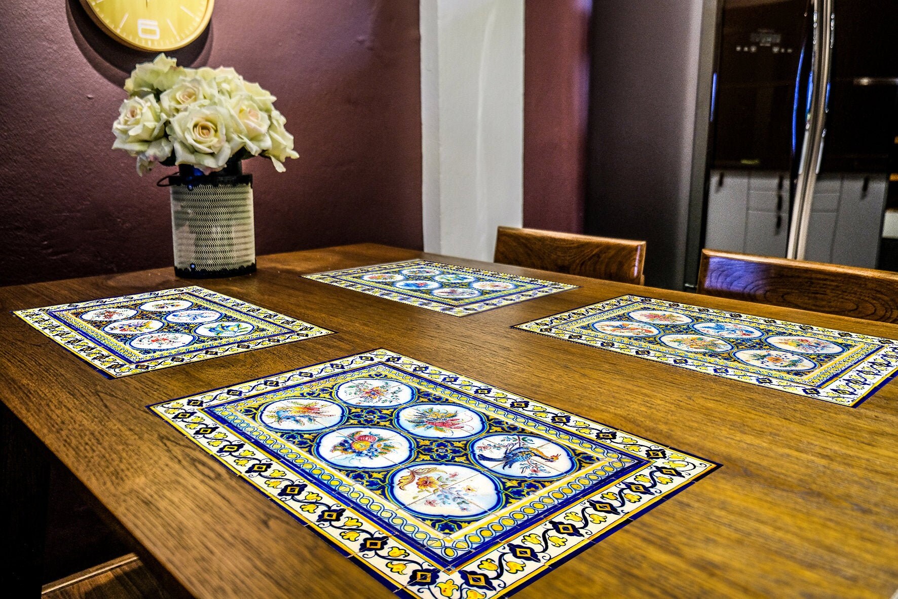 Printed Ceramic Tile Placemats Set Of 412 Colorful Blue Etsy