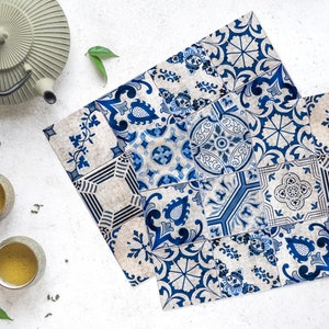 Set of 2-12 placemats, Blue and white Azulejos tiles photo printed placemats on vinyl fabric, Farmhouse kitchen décor