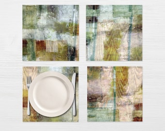 Square Kitchen Placemats Set Of 2-12, Rustic Green Brown Table Mats, Wipe Clean Placemats, Non Slip Placemats, Farmhouse table decor
