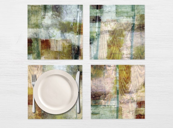 Square Kitchen Placemats Set of 2-12, Rustic Green Brown Table