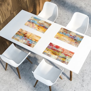 Abstract Art Placemats Set – Colorful Vinyl Table Mats with Matching Coasters – Washable Modern Dining Table Decor