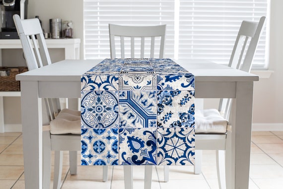 Elegant Blue White Tile Print Table Runner Portugal Tiles