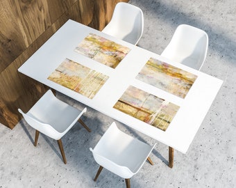 Yellow Vinyl Abstract Placemats, Unique Dining Table Mats, Washable Kitchen Place Mats, Set 0f 4-12 Tablemats, Non Slip Place Mats