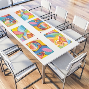 Set of 2-12 rainbow color vinyl placemats printed with graffiti art, Cool colored washable placemats, Young couple new home gift