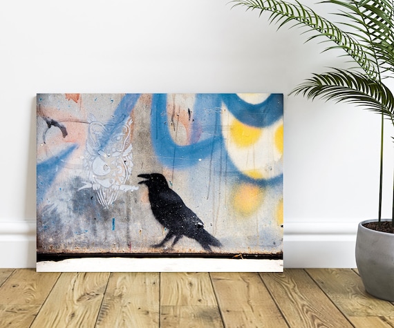 Large Black Crow Street Art Canvas Print, Urban Graffiti