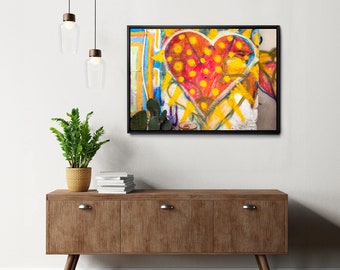 Colorful street art photography on canvas, Large heart graffiti art print, Teenage girl room wall décor, Framed canvas art print