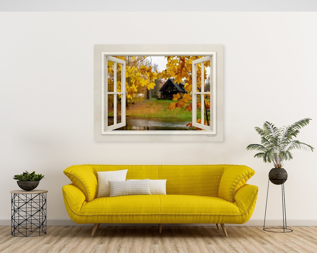 Large 3D Window Scene Print, Framed Rustic Home Decor, Autumn Landscape ...