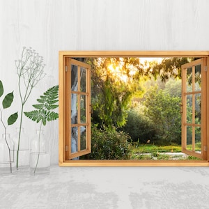Open fake window canvas print, Forest art print ready to hang canvas, Large landscape canvas art, Living room wall décor