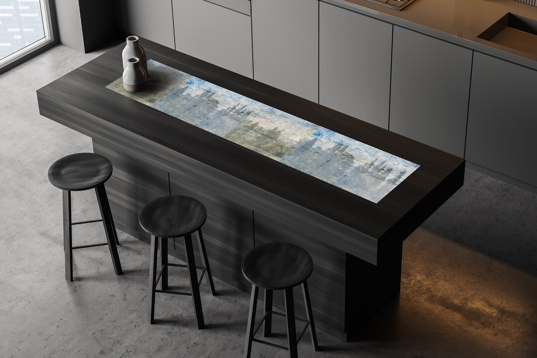 Gray and Blue Vinyl Table Runner Wipeable Coffee Table Etsy