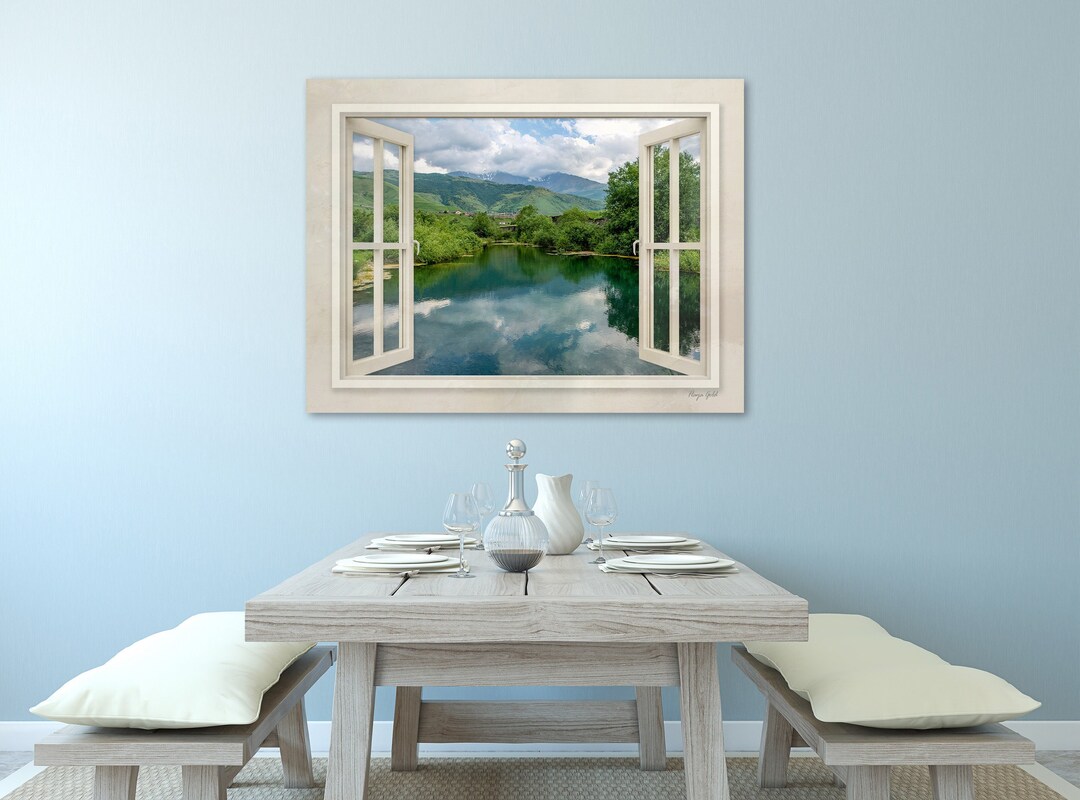 Mountain Lake Photography Window View Canvas Print, Blue Green