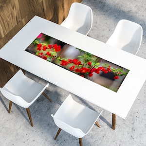 Japanese Quince Blooming Table Runner, Red Flowers Vinyl Material, Long Floral Table Decor Setting