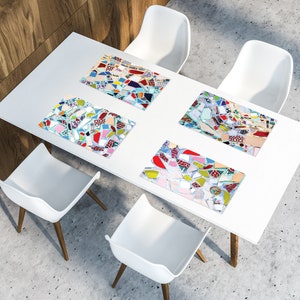 Colorful placemats set of 2-12 printed on vinyl material, Mosaic art print table mat set, Wipe clean table décor, Farmhouse Gift